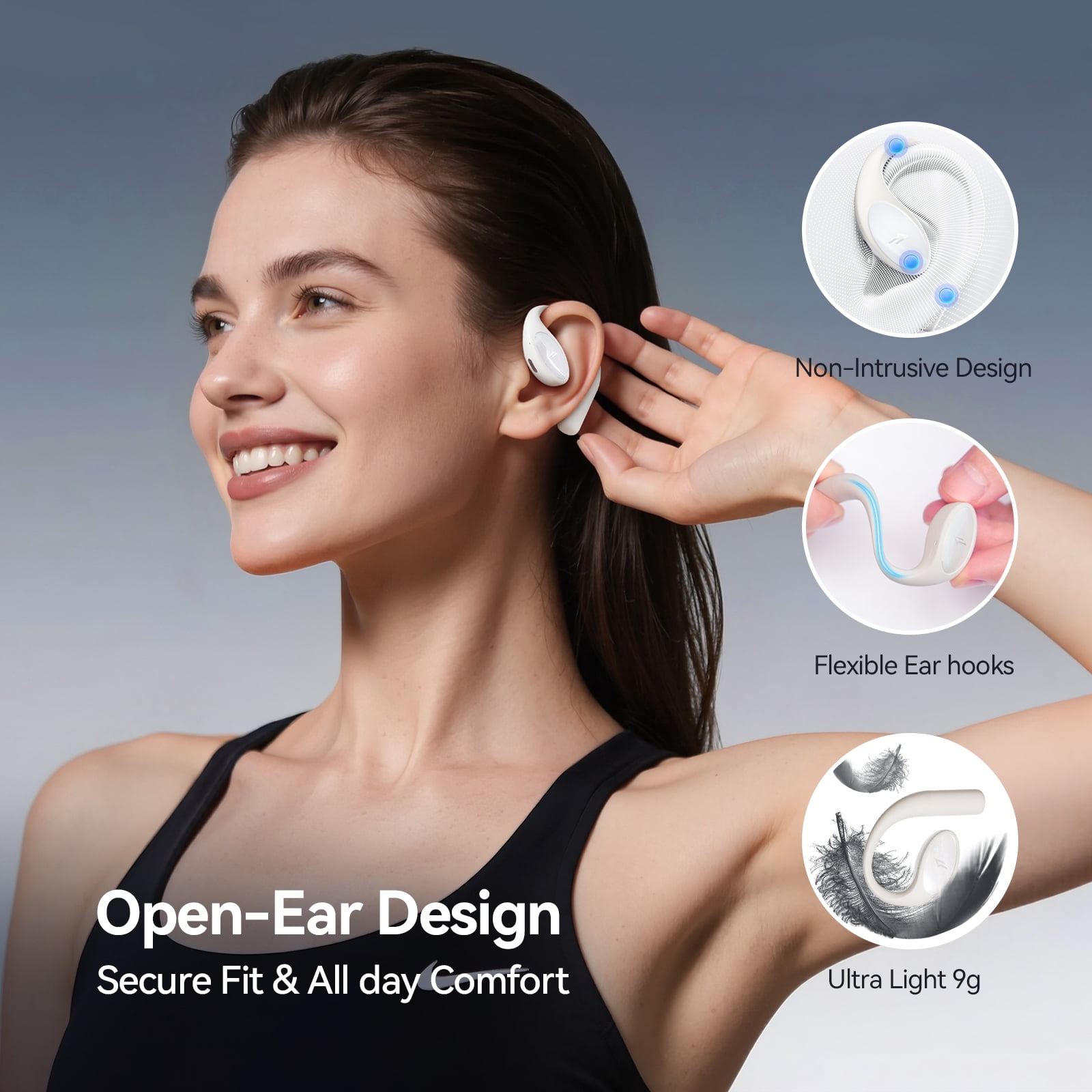 1MORE S51 Open Ear Wireless Headphones, Hi-Fi Sound, AI ENC Mic, Secure Fit Earhooks, IPX5, White