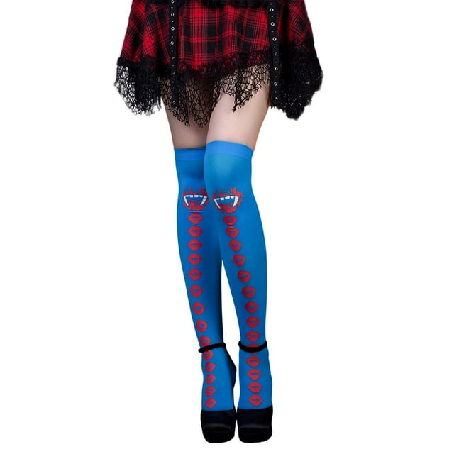 Bas d'Halloween pour Femmes Chaussettes Hauteur Genou Collants Gothiques en Résille avec Imprimé Lèvres Bas de Fête Confortables Extensibles à la Mode