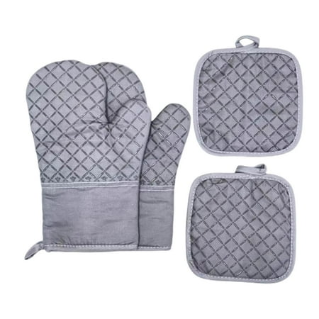WLOELOEW Grey Checkered 4 Piece Oven Mitts And Pot Holders Set Heat Resistant Up To 500°F Long Silicone Gripping Gloves For Baking Cooking Grey