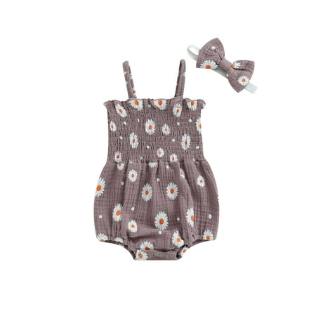 

Newborn Girl Outfit Sleeveless Pleated Flower Print Romper with Bowknot Hairband Summer Clothes，0-18 Months