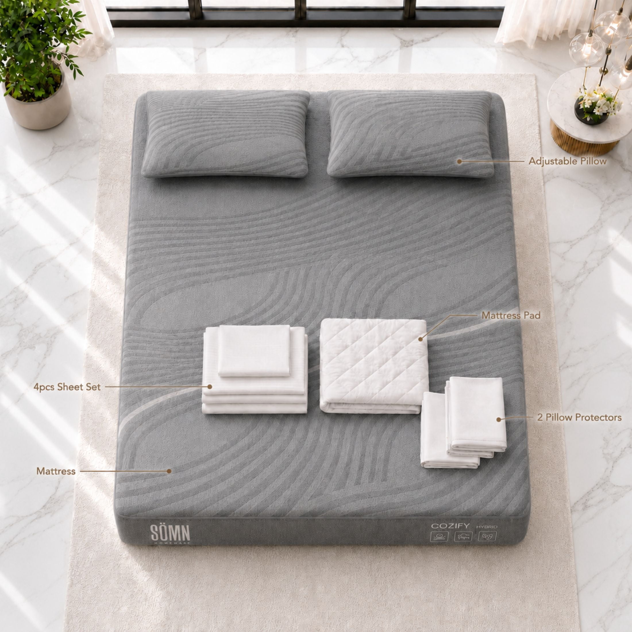 Sömn Company Cozify 12" Graphene Cooling Hybrid Mattress in a Box, Twin, 7-Piece Set