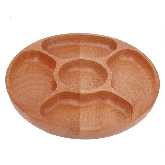 Plato de subrejilla, forma redonda de madera, plato dividido para aperitivos, plato dividido para alimentos, tecnología de vanguardia