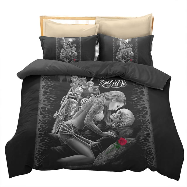 Juego de cama de 3 piezas con diseño de calavera y motocicleta en 3D, tamaño completo, funda de almohada y edredón de poliéster