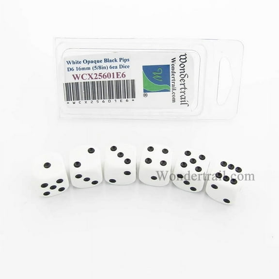 White Opaque Dice with Black Pips D6 16mm (5/8in) Pack of 6 Wondertrail