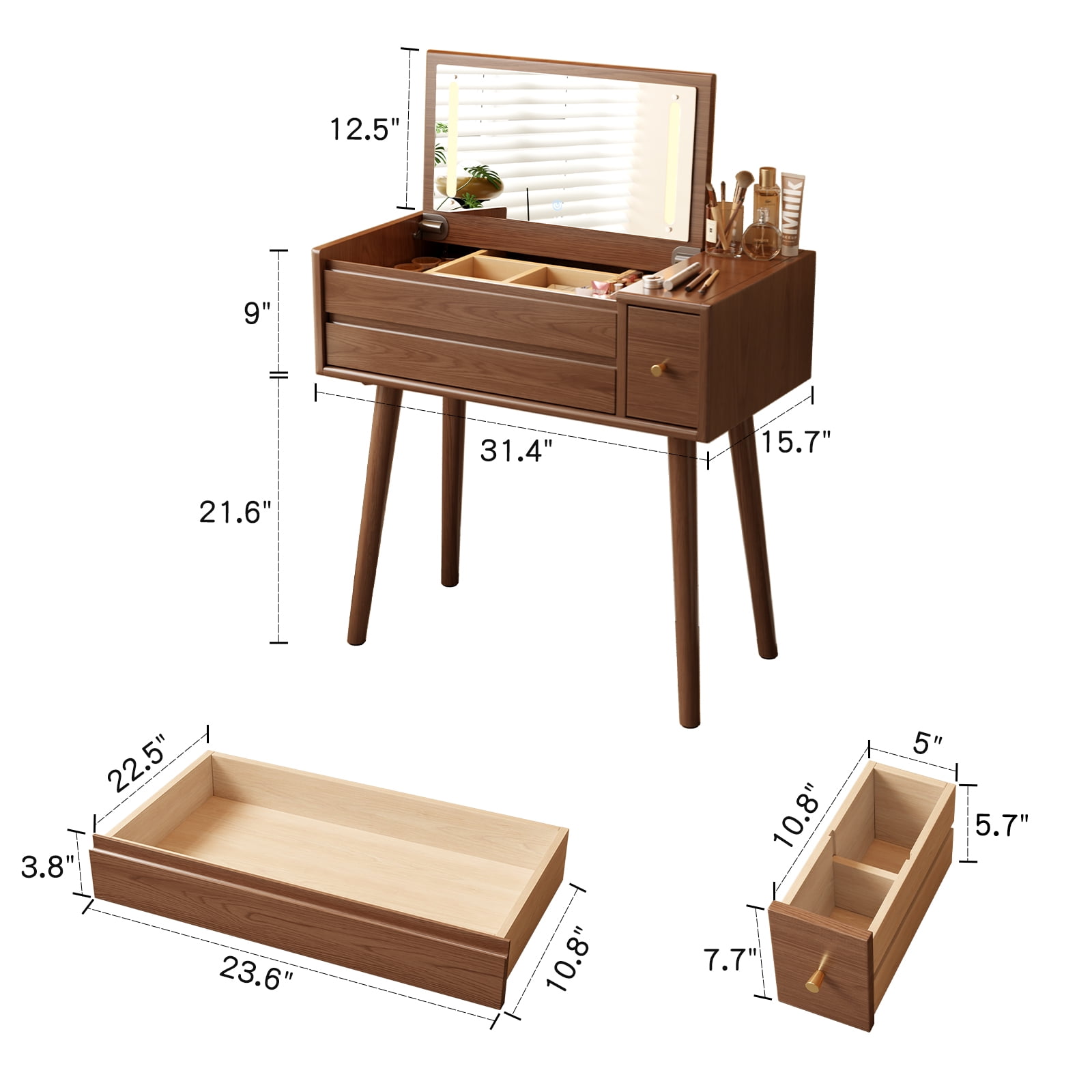 Muwuele Makeup Vanity Table with Mirror and 3 Lighting Modes, 32 Inch Large Dressing Table Set with 3 Drawers, Solid Wood Vanity Desk for Bedroom (Walnut)