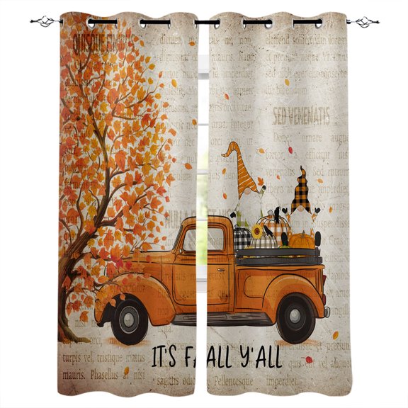 Vintage Gnome Orange Truck Blackout Curtains for Bedroom Living Room, It's Fall Y'all Leaves 39 In Long Thermal Insulated Room Darkening Drapes Grommet Window Treatments, 27.5 x 39 In