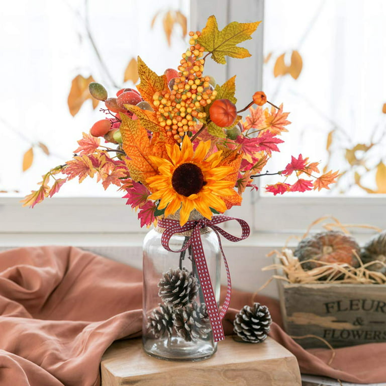 DIYFLORU 17 Fall Stems for Vases Fall Floral Picks Orange Fall Faux Stems with Berry Branches Fall Picks for Floral Arrangements (10 Pcs)