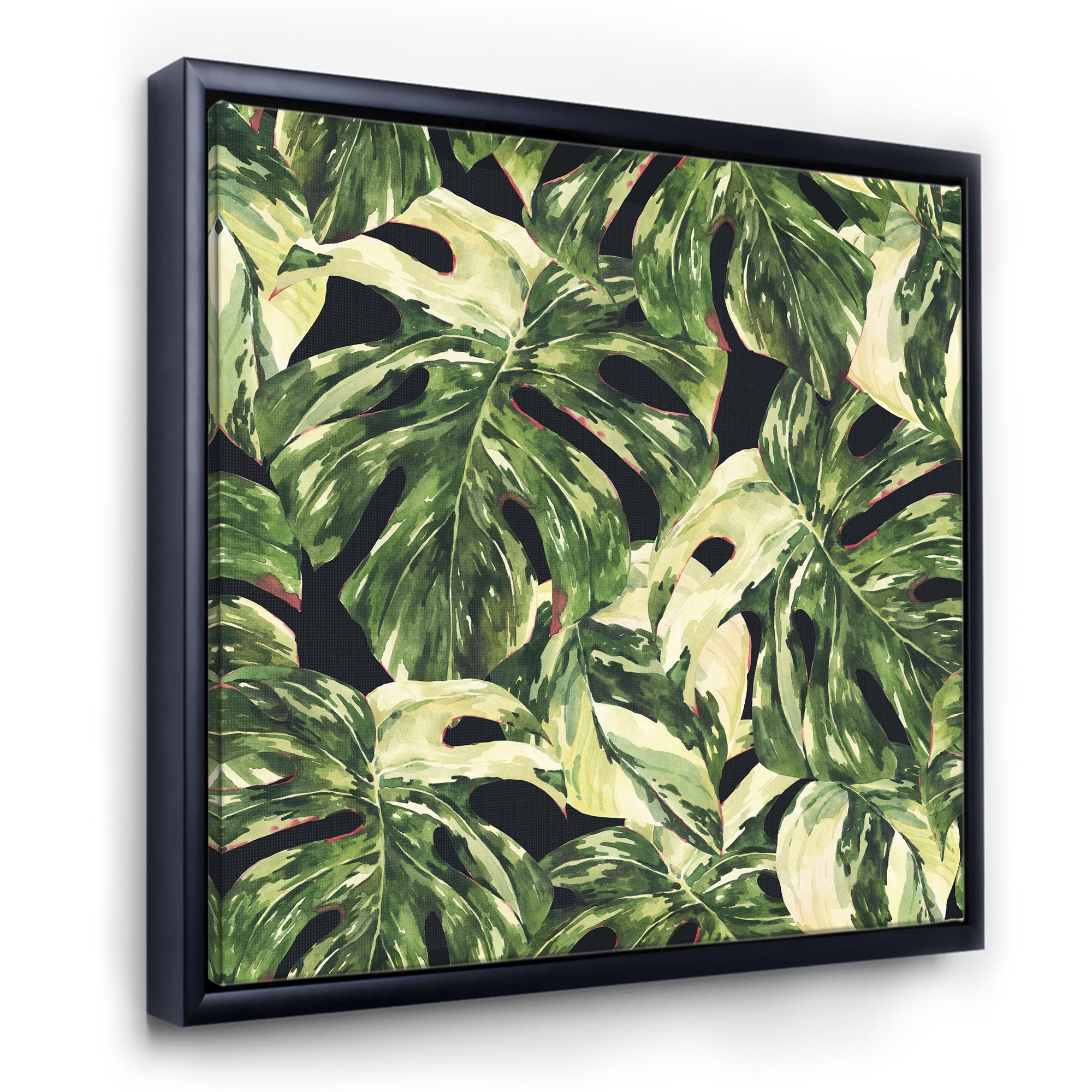 Natural Green Leaves Exotic On Dark II 16 in x 16 in Framed Painting Canvas Art Print, by Designart