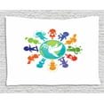thumbnail image 1 of Youth Tapestry, Cute Children Silhouettes around the World with Pigeon Symbol of Peace Earth Planet, Wall Hanging for Bedroom Living Room Dorm Decor, 80W X 60L Inches, Multicolor, by Ambesonne, 1 of 2