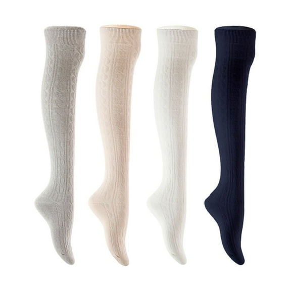 Lian LifeStyle Women's 4 Pair Adorable Comfortable Soft Thigh High Over Knee High Cotton Socks Size 6-9 L1024 Light Grey,Cream,White,Navy