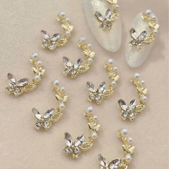 10Pcs Alloy Butterfly Nail Charms Gold Silver Pearl Wreath DIY Craft