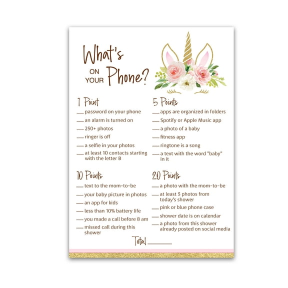 Roseum Collections UNICORN Baby Shower Games — WHAT'S ON YOUR PHONE GIRL Baby Shower Game — Pack of 25 — Pink Gold Unicorn Theme Baby Shower, Couples Co-ed Shower Magical Birthday Activity G640-PHN