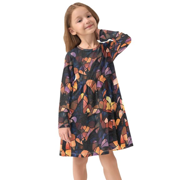 Girls Dress Soft Casual Long Sleeve Cute Dress for Girls Fashion Prints Bunch Colorful Glass Shards Crew Neck