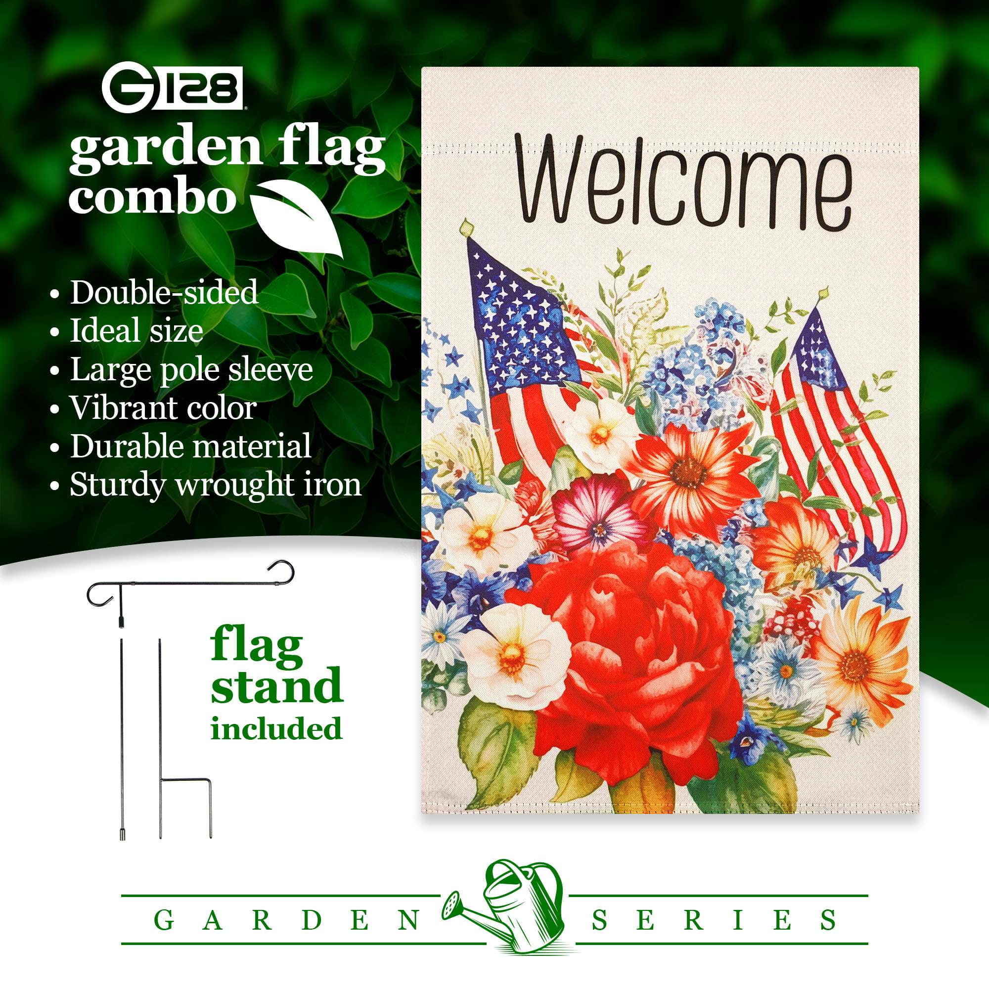 G128 Combo Pack Garden Flag Stand Black 36x16IN & Garden Flag Welcome American Flag Flowers Printed 12x18IN Double Sided Yard Garden Lawn Decoration