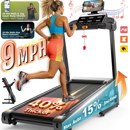 Folding Treadmill w/ 15% Auto Incline, 3.85HP Portable Treadmill 330LB Capacity, 105 Programs Treadmills for Home with APP Control, Bluetooth Speaker, LCD Display, Foldable Jogging Walking Treadmill