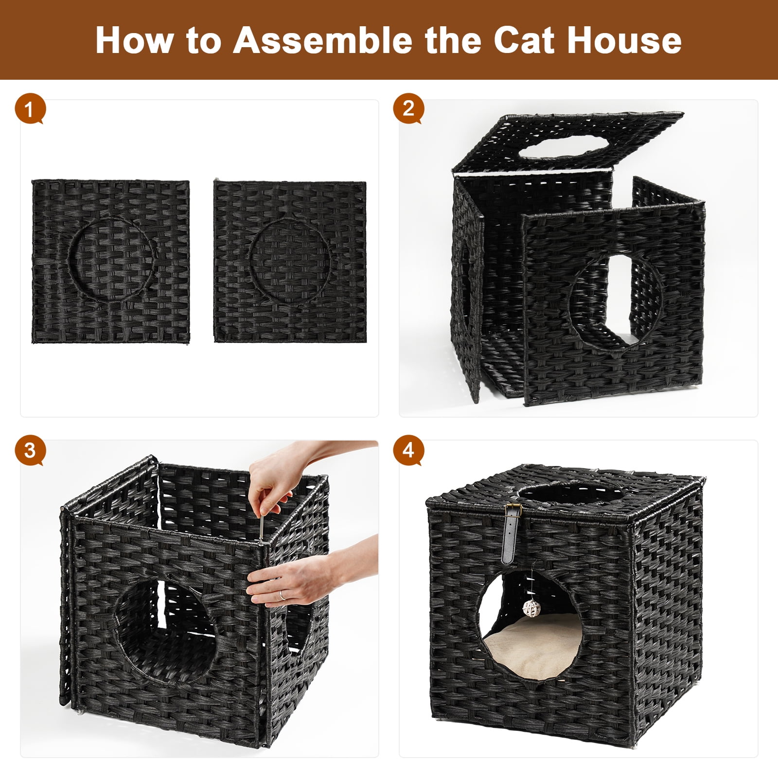 Canddidliike Rattan Cube Cat Bed with Rattan Ball and Mats in Black Canddidliike Rattan Cube Cat Bed with Rattan Ball and Mats in Black