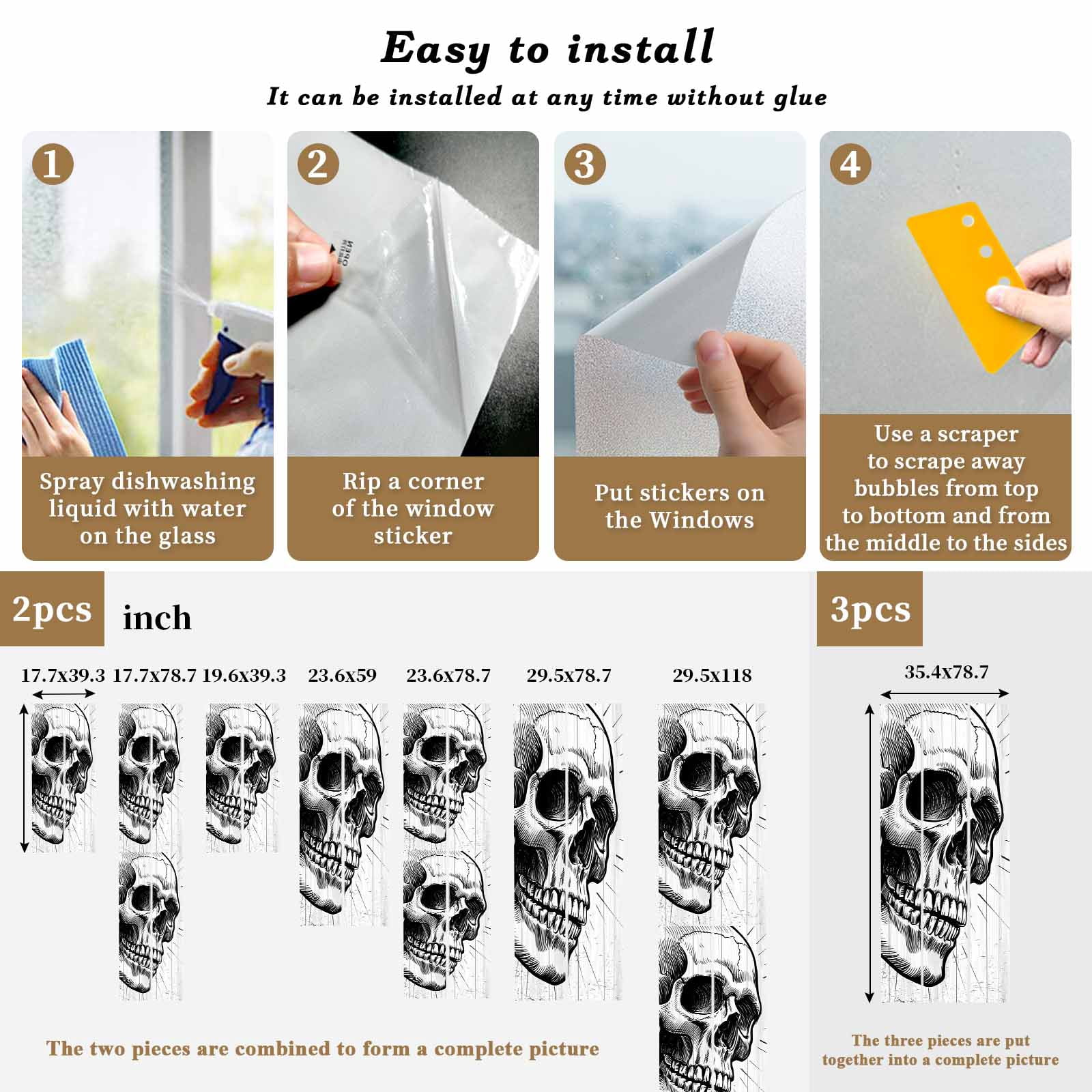Horror Skull Window Privacy Film, Black Skeleton Spooky Halloween Static Cling UV Sun Blocking Heat Control Window Tint Day and Night, Non-Adhesive One Way Windows Privacy Cover 17.7''x78.7''