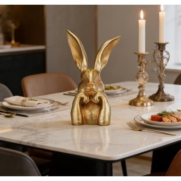 Gold Resin Easter Bunny Table Decor Thinking Rabbit Figurine Spring Home Centerpiece Statue for Shelf Mantel Living Room Entryway gold bunny figurine