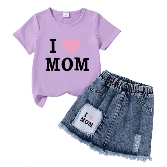 Wxirdiow Kids Girls Summer Outfits Teen Girls Clothes 2 Piece Outfit Cute T-Shirt Top and Wide Leg Denim Shorts Summer Clothing Set U Size,6-7 Years
