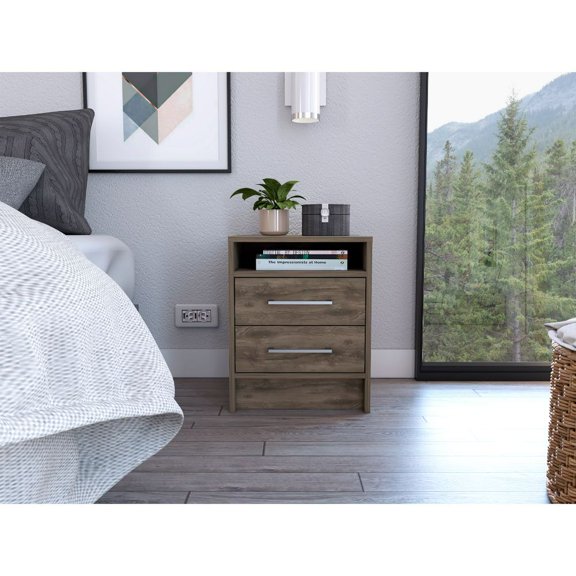 FM FURNITURE Philadelphia Nightstand, Two Drawers, Concealed Shelf ,Dark Brown