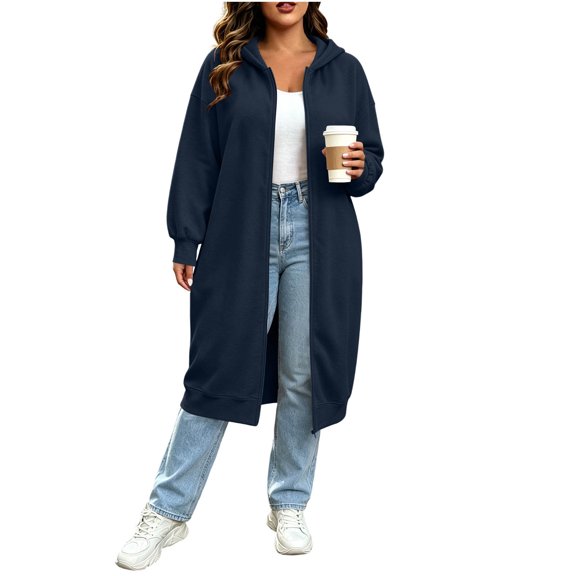FDGIU Women Plus Size Full Zip Long Hooded Jacket, Long Sleeve Casual Maxi Outerwear, Loose Oversized Sweatshirt Coat for Fall Winter