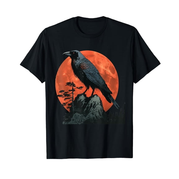 Red Moon Raven Graphic Black Crow Design T-Shirt