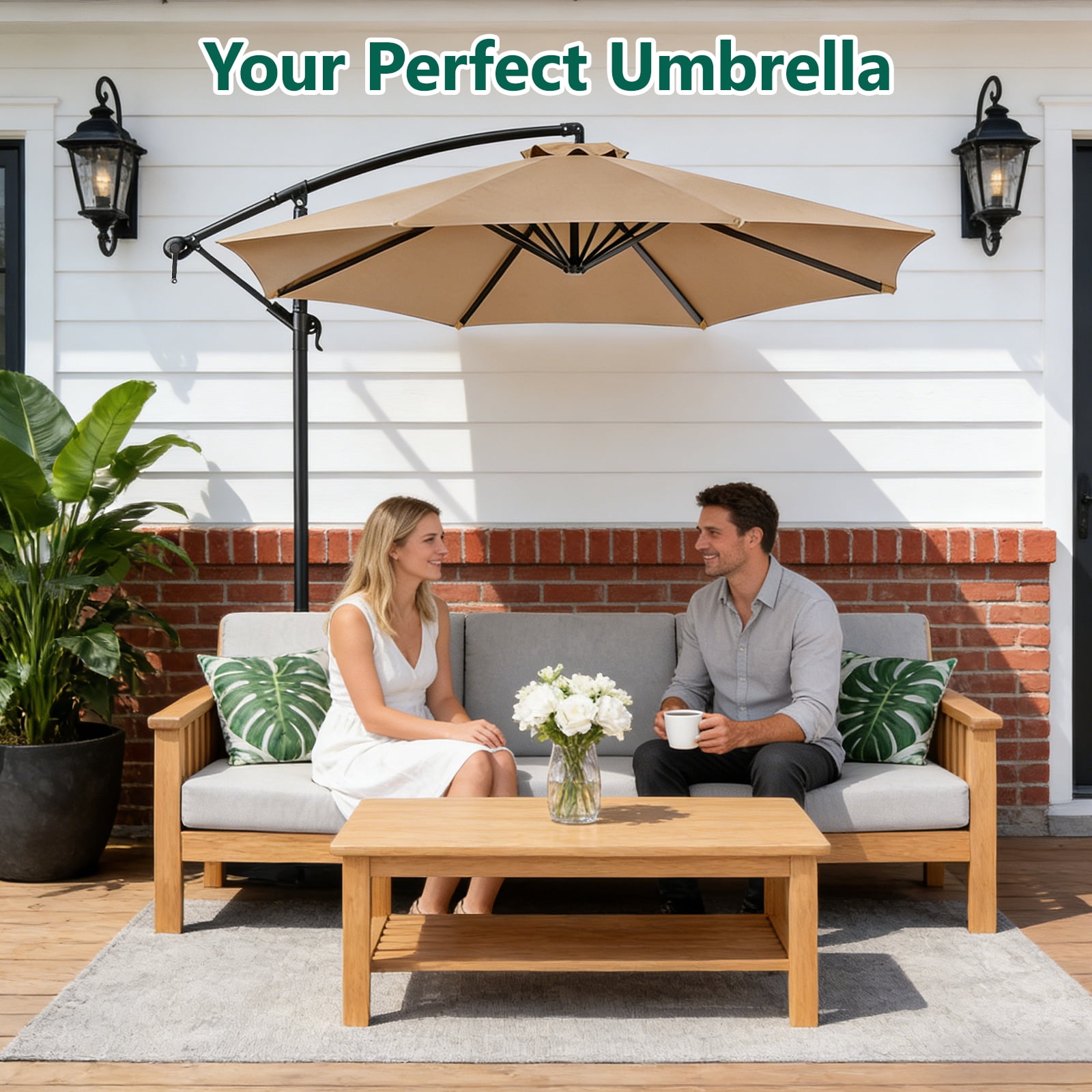 WLLJOY 10 ft Offset Patio Umbrella With Base Included ,All-Weather UV Protection Cantilever Umbrella Suitable For Garden, Backyard and Beach, Khaki