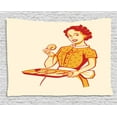 thumbnail image 1 of Vintage Woman Tapestry, Married Retro Housewife Serving and Eating Freshly Baked Cookies, Wall Hanging for Bedroom Living Room Dorm Decor, 80W X 60L Inches, Orange Vermilion Beige, by Ambesonne, 1 of 2
