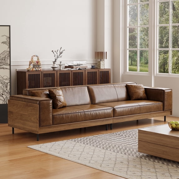 gaoyangjiaju Mid-Century Modern Leather Sofa 111.81" with Wooden Accents on Sides & Back, Spacious 3 - Seat Couch for Living Room, Bedroom and Lounge Space, Brown