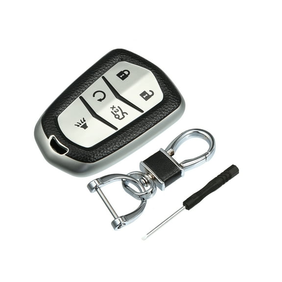 TPU 360 Degree for Smart Key Fob Case Cover for Cadillac CTS with 5 Buttons with Keychain Silver Tone 1Set