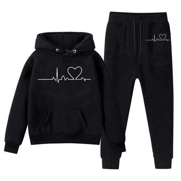 Outfits Girls Kids Heartbeat Prints Tracksuit Two Piece Outfits Hoodie Sweatshirt Set Girl Clothes Black 11 Years-12 Years