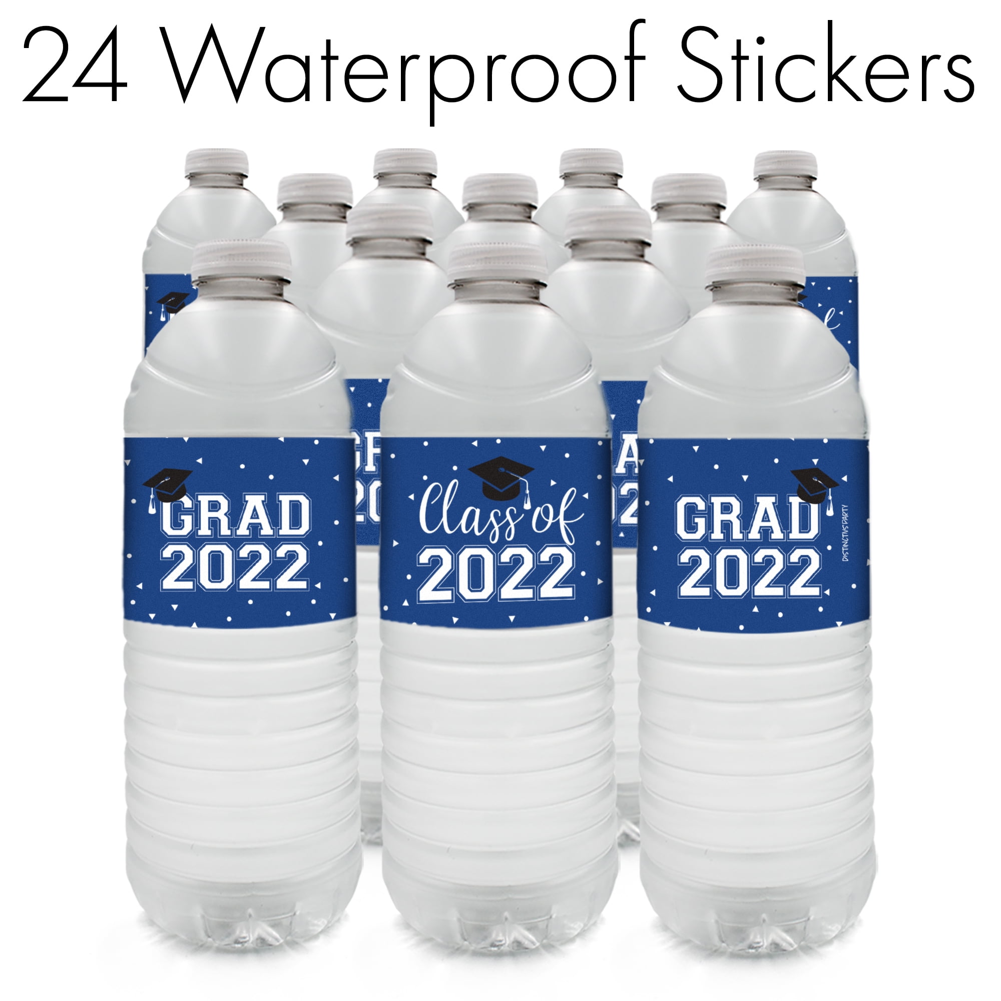 Graduation Class of 2022 Water Bottle Labels - Blue and White School Colors - 24 Stickers - Distinctivs