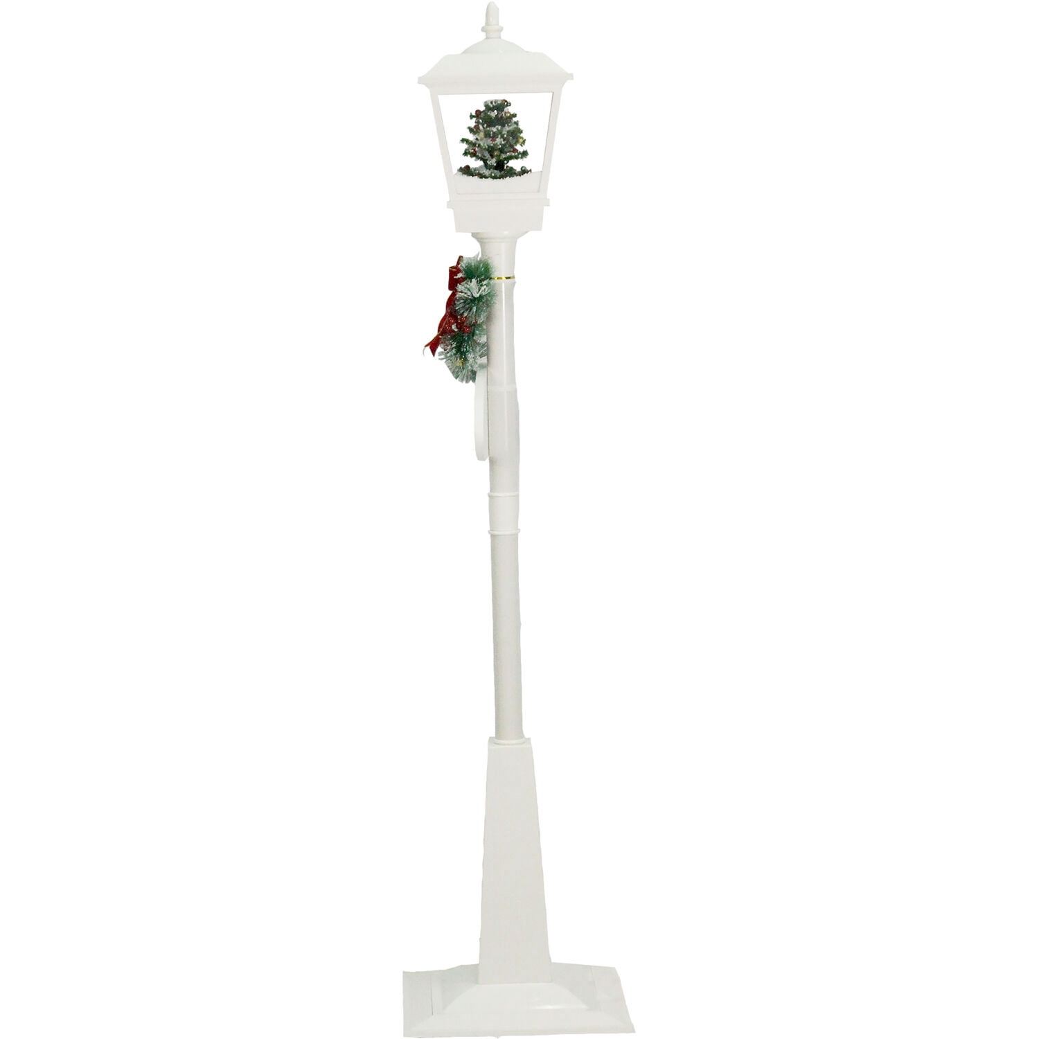 Christmas Time 71-In. Musical Snowy Street Lamp | Christmas Tree Scene, 2 Signs, Cascading Snow, and Holiday Songs | White | CT-SL071A-WHT