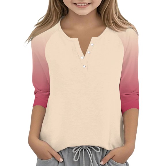 Grblisyd Girls Shirts Size 10-12 3/4 Sleeve Henley Shirts Button Down V Neck Raglan Tops Loose Color Block Blouse