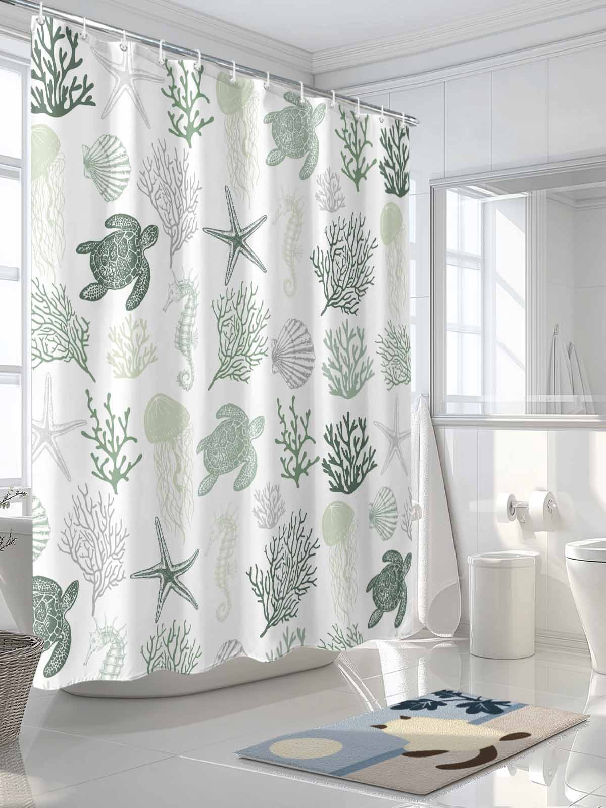 Sage Green Coastal Waterproof Fabric Shower Curtain, Nautical Summer Beach Coral Sea Turtle Shower Curtain for Bathroom Curtains Bathtubs Hotel Washable Shower Curtains with 12 Hooks Standard 60x72