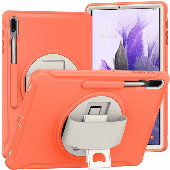 Suitable for Samsung TabS7 FE tablet pen groove leather hand strap S7Plus T970 rotating bracket protective shell coral orange
