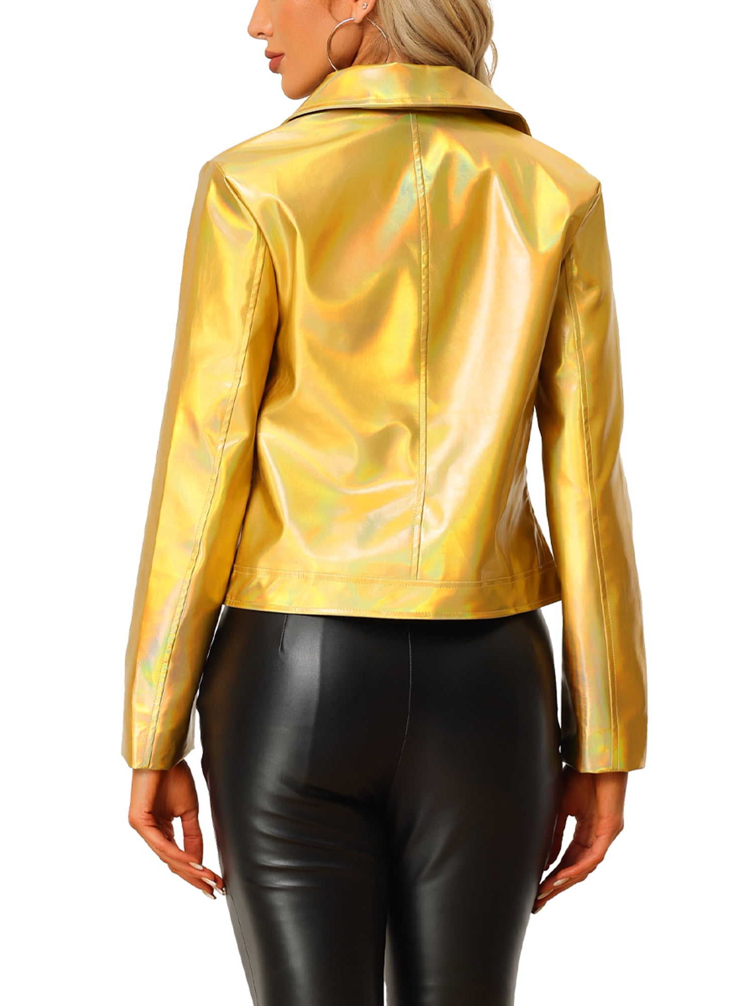 INSPIRE CHIC Women's Holographic Shiny Zipper Biker Metallic Jackets M Gold