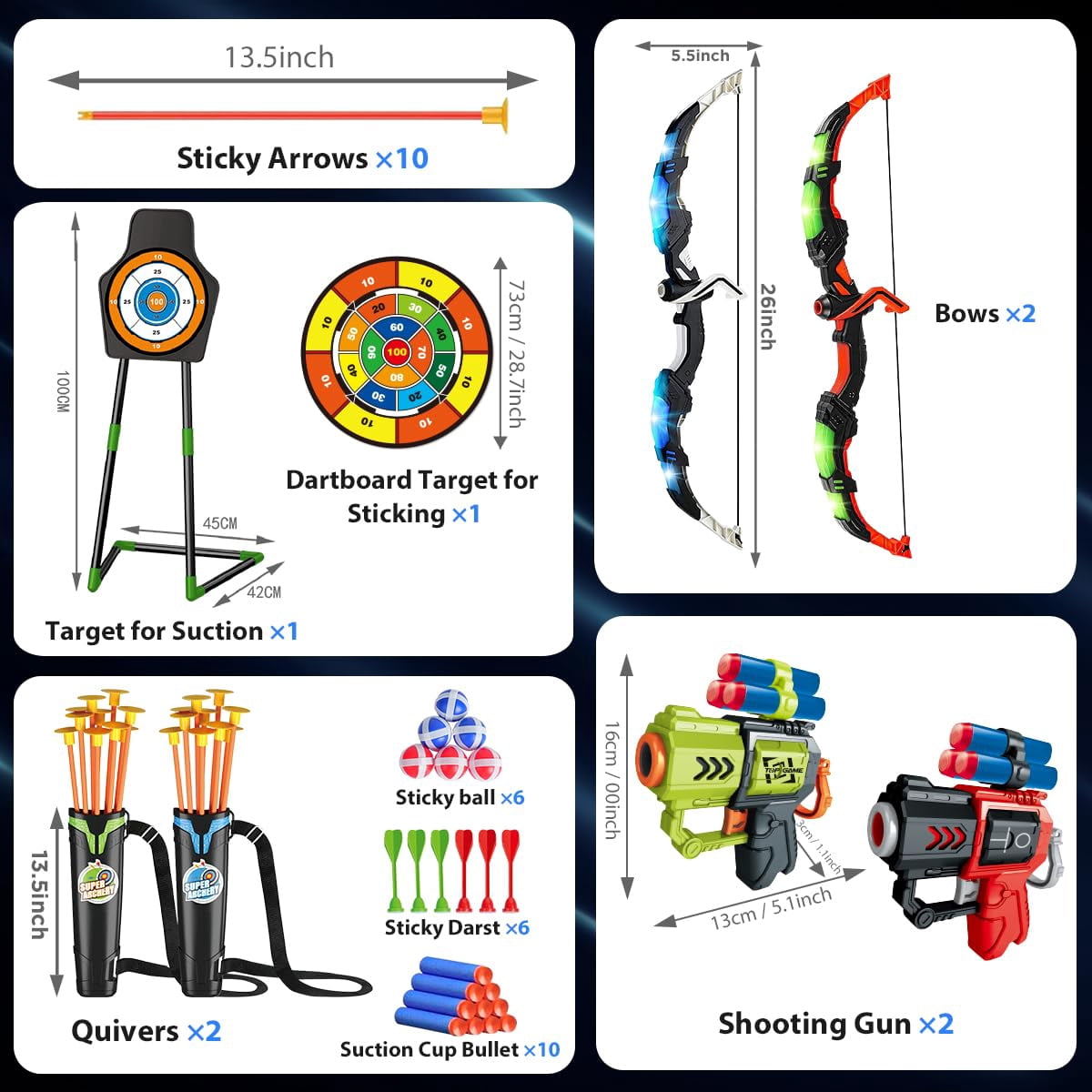 VATOS 2 Pack Bow and Arrow Toy, Light Up Archery Toy with Cup Suction Standing Target & 29 in Dart Board Toys for Kids 5-12 Year