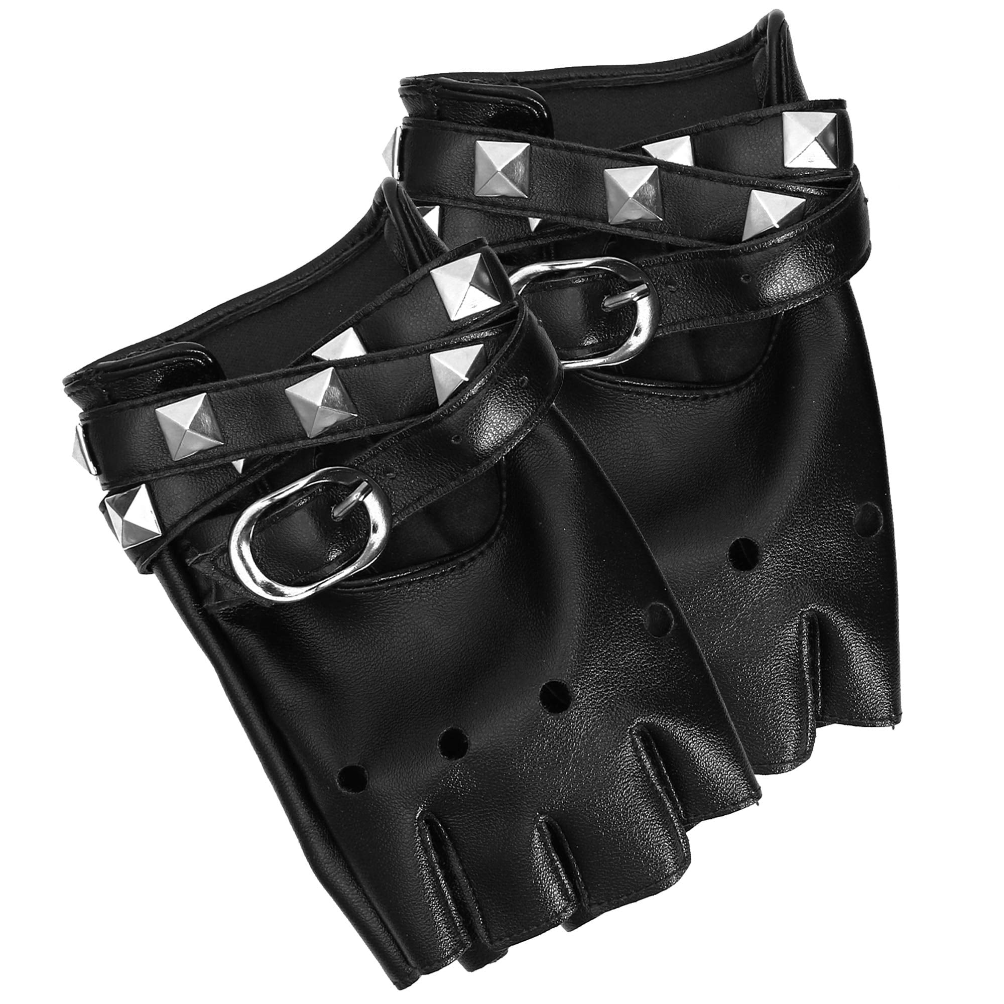 Skeleteen Fingerless Faux Leather Gloves - Black Biker Punk Gloves