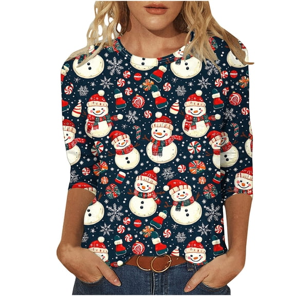 Fashion Fall Saving LiMoi Women's 3/4 Sleeve Round Neck Tshirt with Playful Christmas Snowman Tees Tops Shirts Blouse for Ladies My Items