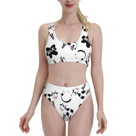 Bixox Cute Cow and Milk Stains Pattern Two-Piece Sports Bikini with U-Shaped Top and High-Waist Bottom - Women s Swimwear with Removable Bra Pads