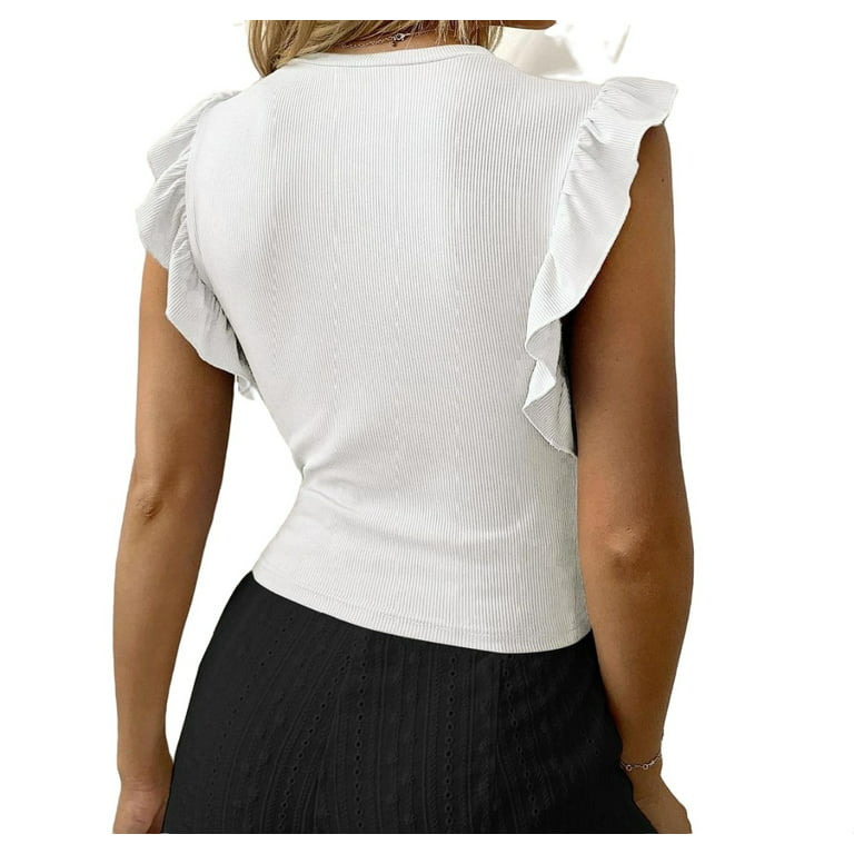White Women\'s Round Elegant Plain NeckDetails:Rib-Knit T-Shirts