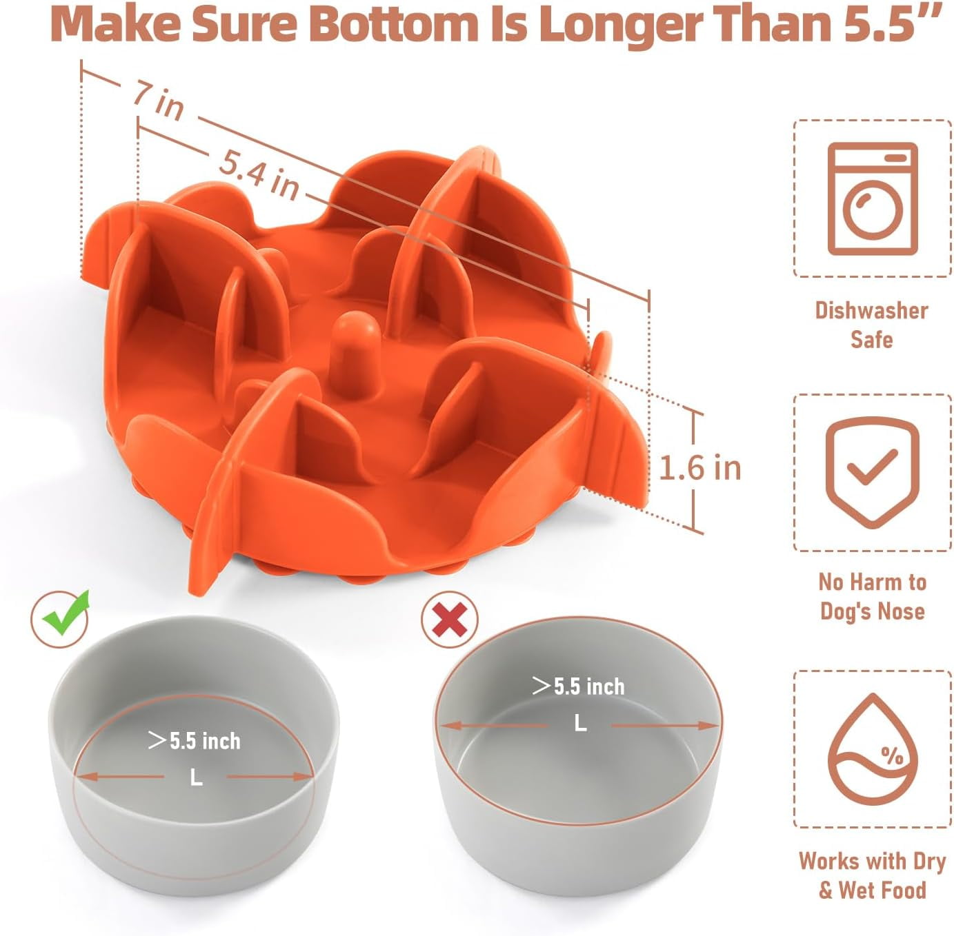 Slow Feeder Dog Bowls Insert for Large Breed, 7 Inch Cuttable Slow Feeder Insert with 32 Octopus Suction Cups for Medium Large Size Dog Food Bowl (X-Large, Orange)