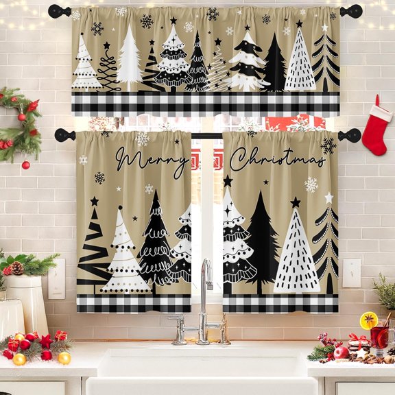 Christmas Kitchen Window Curtains and Valances Set 36 Inch, Snowflakes Winter Sparkle Ornaments Short Tier Curtain for Cafe Living Room Bathroom, Xnas Red 3 Pieces Set Kitchen Decor