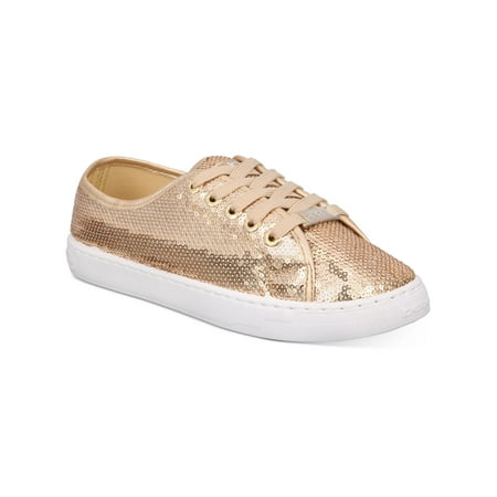 

BEBE Womens Gold Metallic Sequined Logo Dyanna Round Toe Platform Lace-Up Athletic Sneakers 10 M