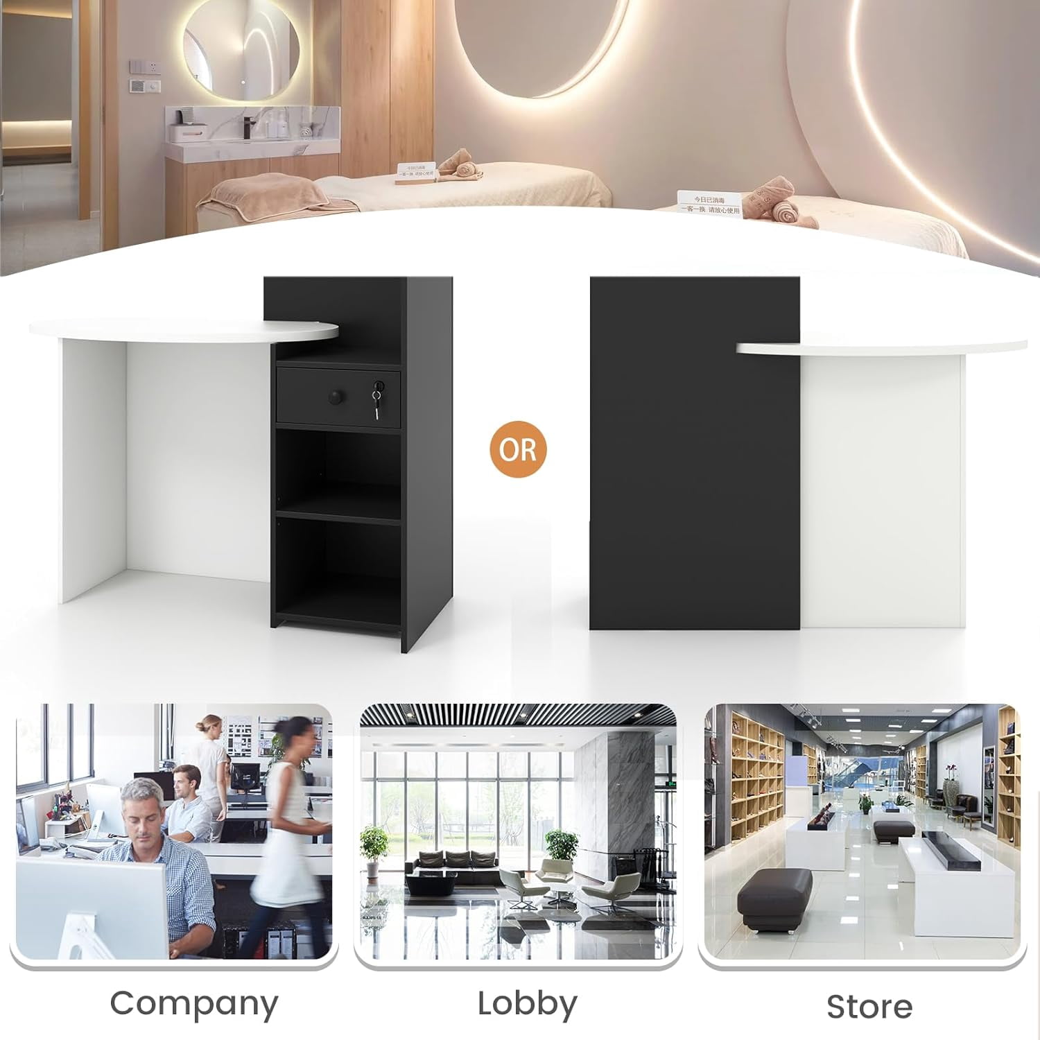 Reception Desk, Small Retail Checkout Counter with Lockable Drawer and Open Shelves, Wooden Front Desk Reception Counter, Oval Desktop & L Counter for Store Office Lobby Salon (Black)
