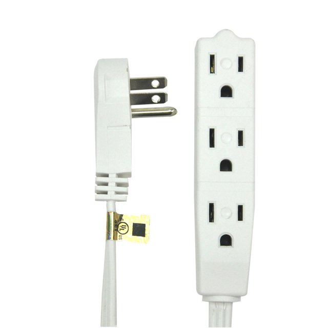 BindMaster 15 Feet Extension Cord/Wire, 3 Prong Grounded, 3 outlets, Angled Flat Plug, White