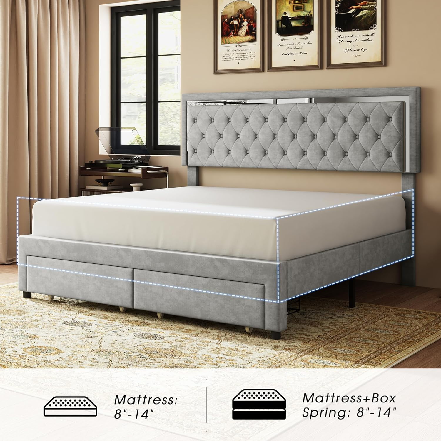 LUXOAK Queen Bed Frame with LED Lights&Storage Drawers,Velvet Upholstered Platform Bed,Light Grey