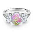 thumbnail image 2 of Gem Stone King 10K White Gold Pink Simulated Opal White Moissanite and White Lab Grown Diamond 3 Stone Engagement Ring for Women (2.09 Cttw, Gemstone Birthstone, Available in Size 5, 6, 7, 8, 9), 2 of 5