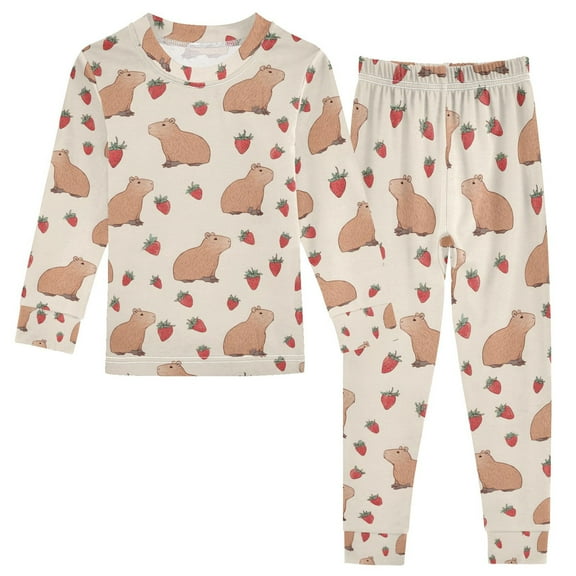 joogoo Capybara Strawberry Pattern 2 Piece Long Sleeve Tee and Pants Cotton Pajama Set 5Y